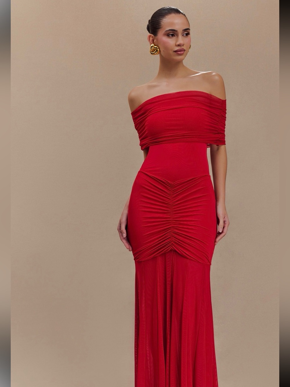 Caspian Slinky And Mesh Off Shoulder Maxi Dress - Ruby